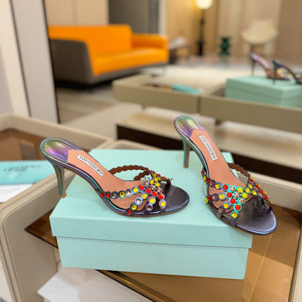 AQUAZZURA 26S TEQUILA HEELED SANDALS 85 MM IN METALLIC LAMBSKIN