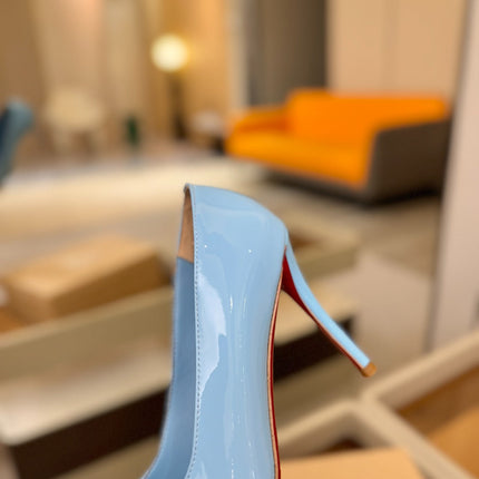 CHRISTIAN LOUBOUTIN 26S POINTED-TOE PUMPS 105 MM IN SKY BLUE PATENT CALFSKIN