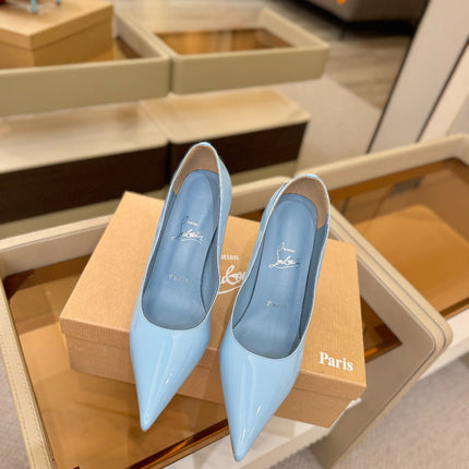 CHRISTIAN LOUBOUTIN 26S POINTED-TOE PUMPS 105 MM IN SKY BLUE PATENT CALFSKIN