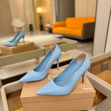 CHRISTIAN LOUBOUTIN 26S POINTED-TOE PUMPS 105 MM IN SKY BLUE PATENT CALFSKIN