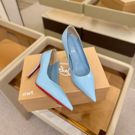 CHRISTIAN LOUBOUTIN 26S POINTED-TOE PUMPS 105 MM IN SKY BLUE PATENT CALFSKIN