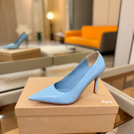 CHRISTIAN LOUBOUTIN 26S POINTED-TOE PUMPS 105 MM IN SKY BLUE PATENT CALFSKIN