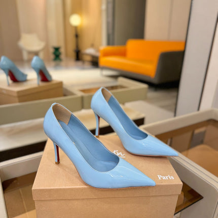 CHRISTIAN LOUBOUTIN 26S POINTED-TOE PUMPS 105 MM IN SKY BLUE PATENT CALFSKIN