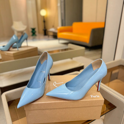 CHRISTIAN LOUBOUTIN 26S POINTED-TOE PUMPS 105 MM IN SKY BLUE PATENT CALFSKIN