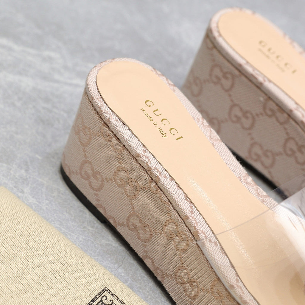HIGH WEDGE PLATFORM IN ALMOND BEIGE CANVAS WITH DOUBLE CRYSTAL G BUCKLE