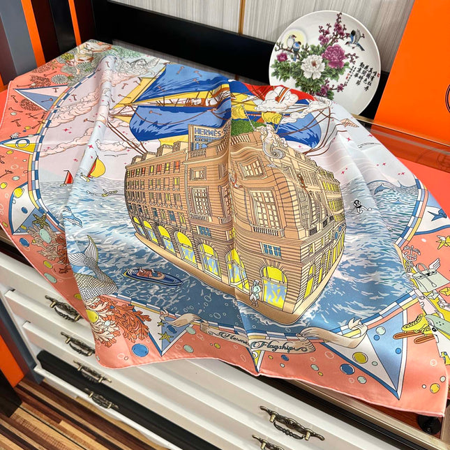 HERMES 26S PRINTED SQUARE SCARF 90 IN SILK 312024