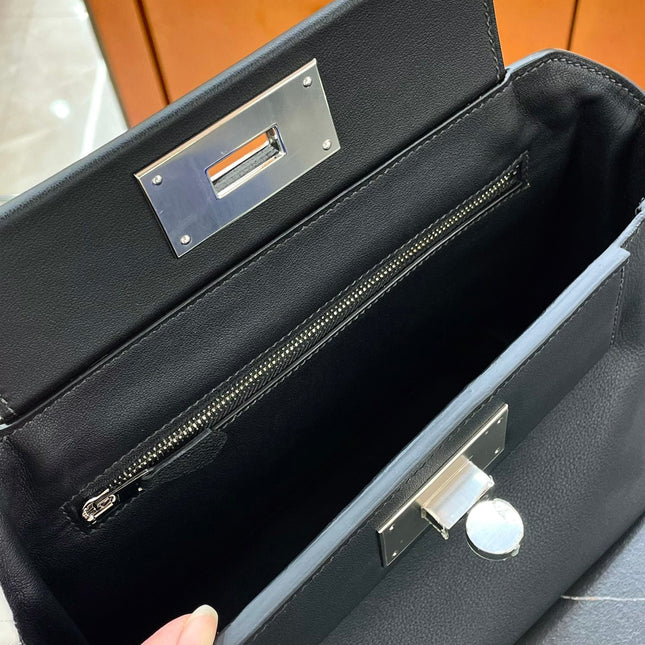 MINI 24/24 21CM IN BLACK EVERCOLOR CALFSKIN SILVER KELLY BUCKLE