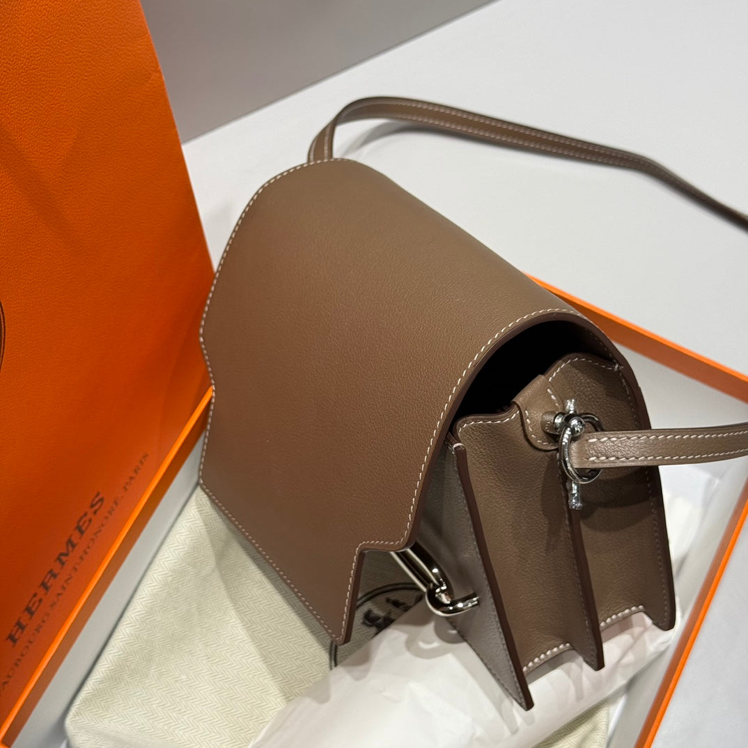 HM ROULIS 18 MINI BAG IN DARK BROWN CALFSKIN SILVER-TONE HARDWARE