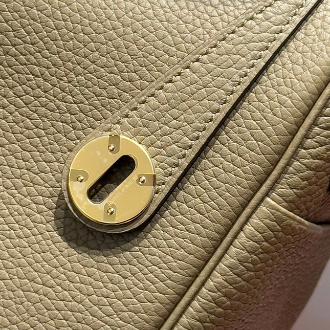 HERMES 25S MEDIUM LINDY 26 IN DARK KHAKI CALFSKIN GOLD HARDWARE