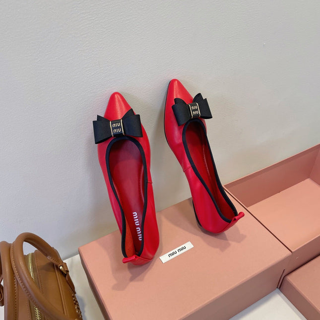 MIUMIU 26S BALLET FLATS IN RED CALFSKIN WITH BOW