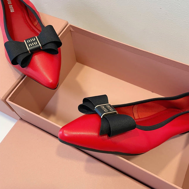 MIUMIU 26S BALLET FLATS IN RED CALFSKIN WITH BOW