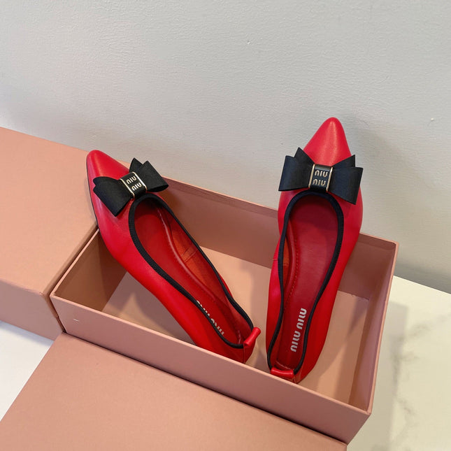 MIUMIU 26S BALLET FLATS IN RED CALFSKIN WITH BOW