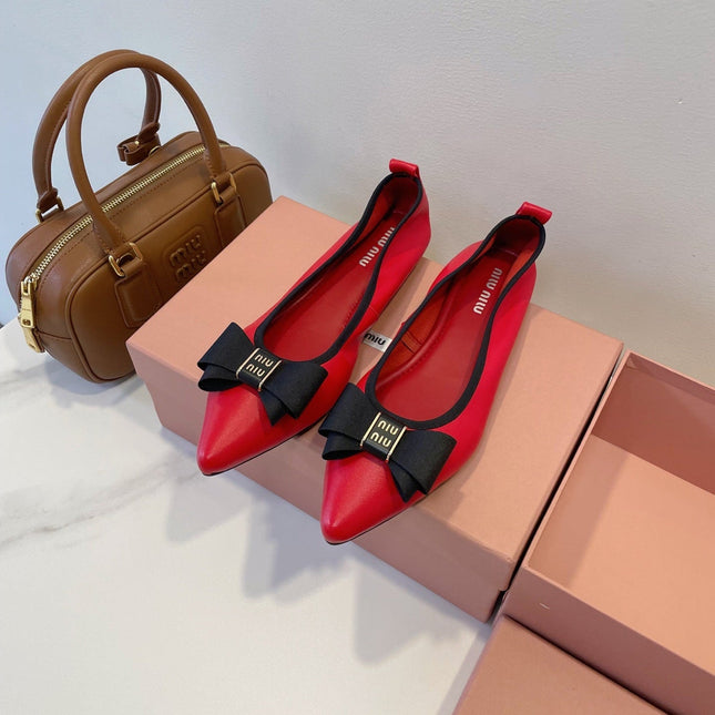 MIUMIU 26S BALLET FLATS IN RED CALFSKIN WITH BOW