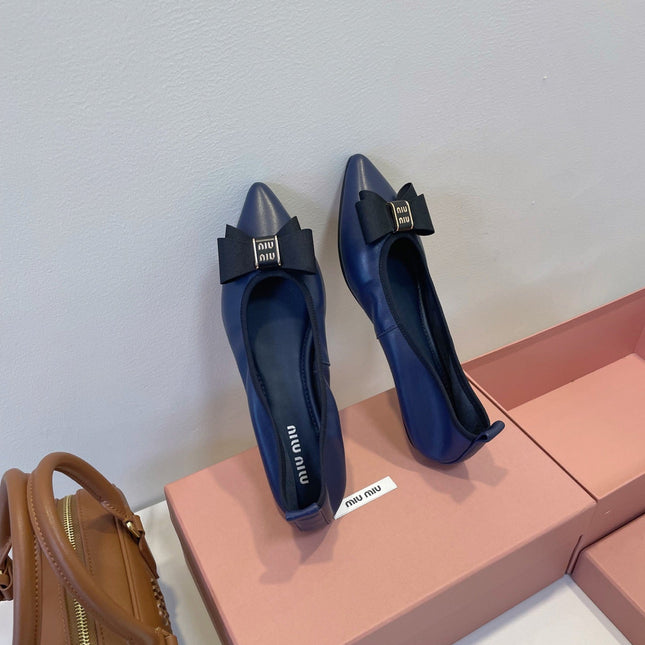 MIUMIU 26S BALLET FLATS IN NAVY BLUE CALFSKIN WITH BOW