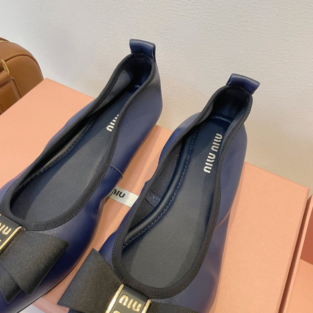 MIUMIU 26S BALLET FLATS IN NAVY BLUE CALFSKIN WITH BOW