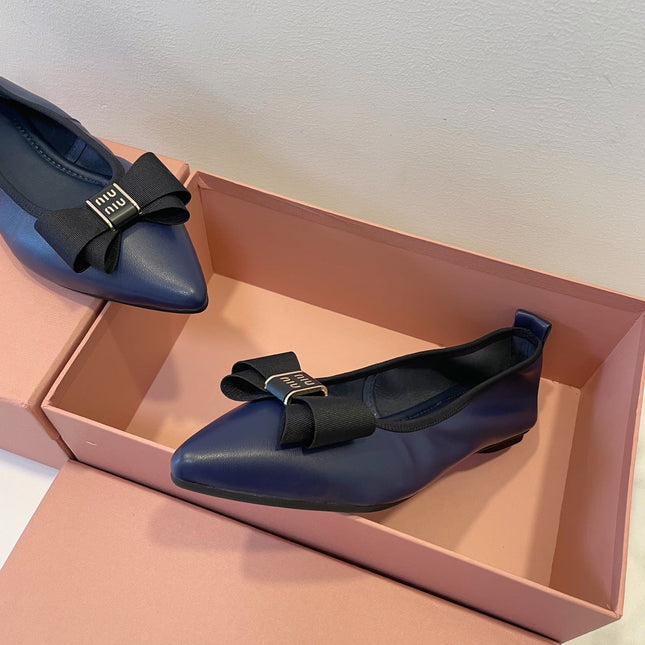 MIUMIU 26S BALLET FLATS IN NAVY BLUE CALFSKIN WITH BOW