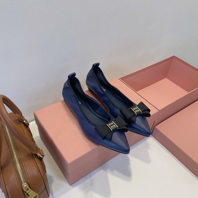 MIUMIU 26S BALLET FLATS IN NAVY BLUE CALFSKIN WITH BOW