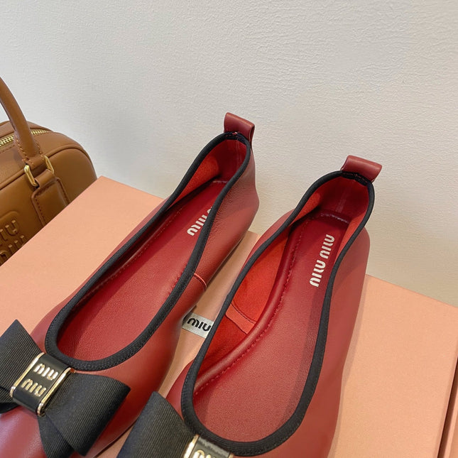MIUMIU 26S BALLET FLATS IN DARK RED CALFSKIN WITH BOW