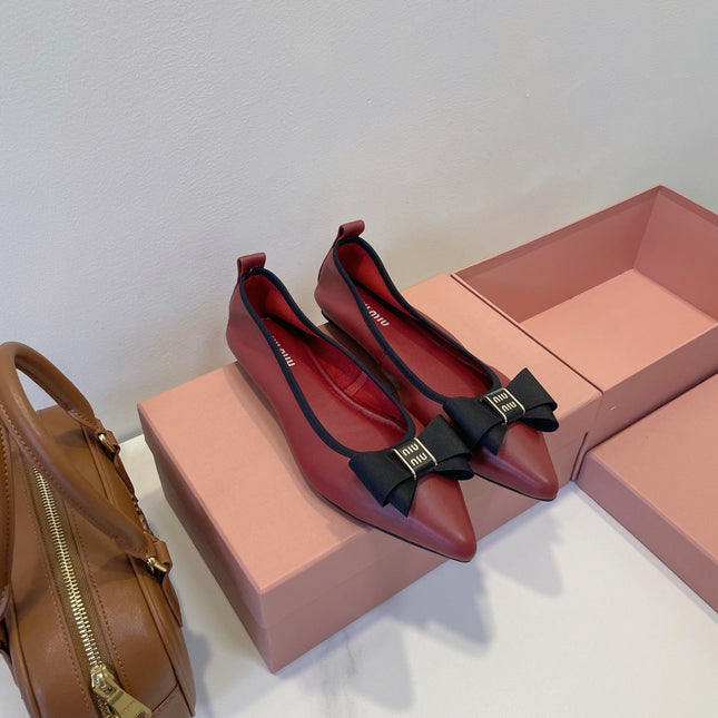 MIUMIU 26S BALLET FLATS IN DARK RED CALFSKIN WITH BOW