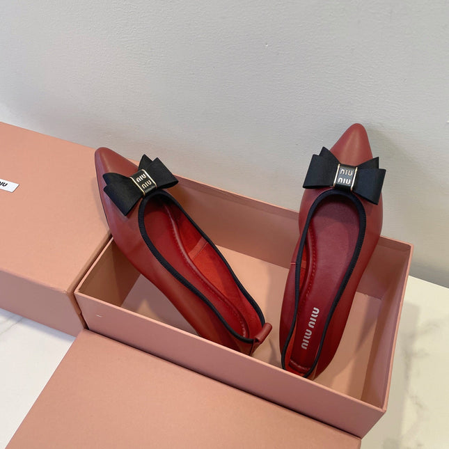 MIUMIU 26S BALLET FLATS IN DARK RED CALFSKIN WITH BOW
