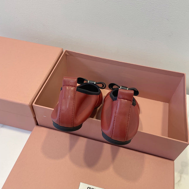 MIUMIU 26S BALLET FLATS IN DARK RED CALFSKIN WITH BOW