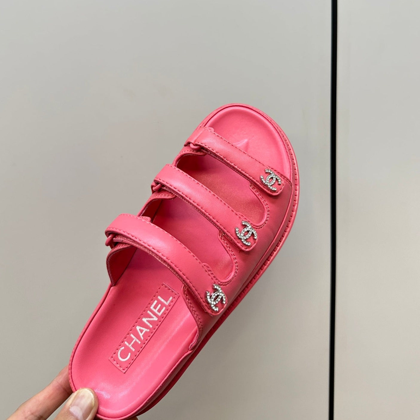 dad sandals pink 1 3 rows lambskin mules