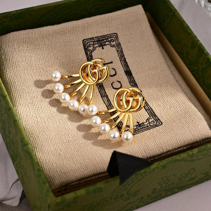 GUCCI 26S DOUBLE G LOGO PEARL FAN DROP EARRINGS IN GOLD TONE METAL 633779
