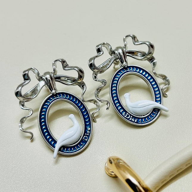 CD 26S TOILE DE JOUY BIRD BOW DROP EARRINGS IN SILVER TONE METAL 644371