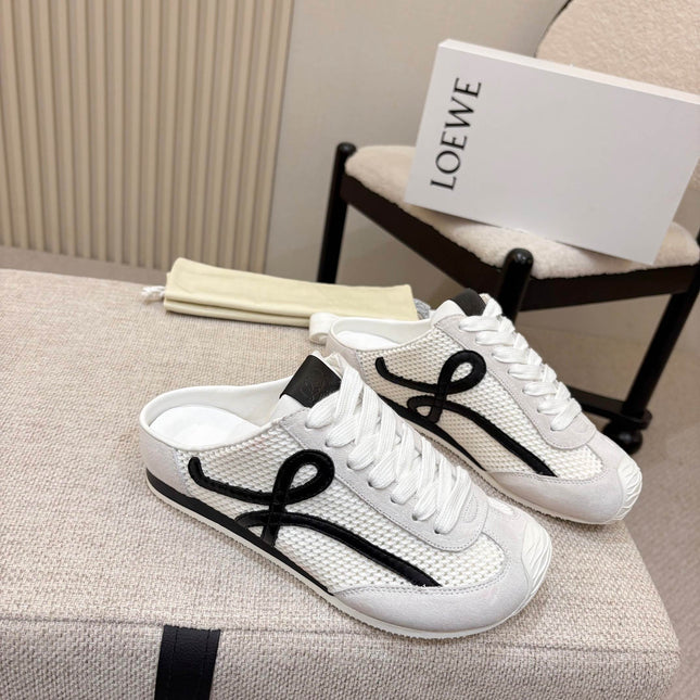 LOEWE 26S MULE SNEAKERS IN WHITE BLACK SUEDE AND MESH