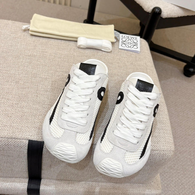 LOEWE 26S MULE SNEAKERS IN WHITE BLACK SUEDE AND MESH