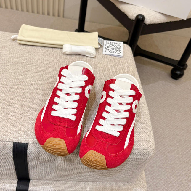 LOEWE 26S MULE SNEAKERS IN WHITE RED SUEDE AND NYLON