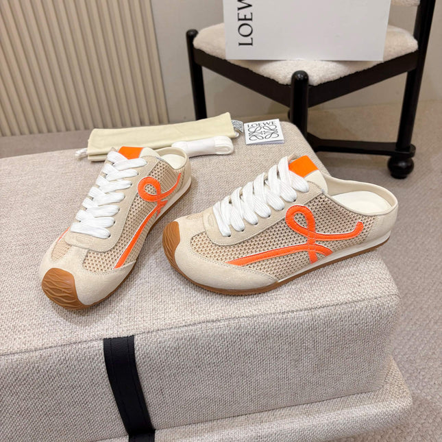LOEWE 26S MULE SNEAKERS IN BEIGE ORANGE SUEDE AND MESH
