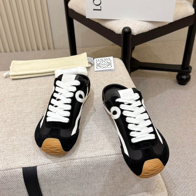 LOEWE 26S MULE SNEAKERS IN BLACK WHITE SUEDE AND NYLON
