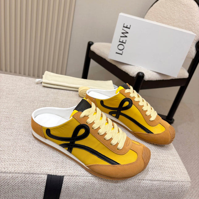 LOEWE 26S MULE SNEAKERS IN YELLOW AND TAN BROWN SUEDE AND NYLON