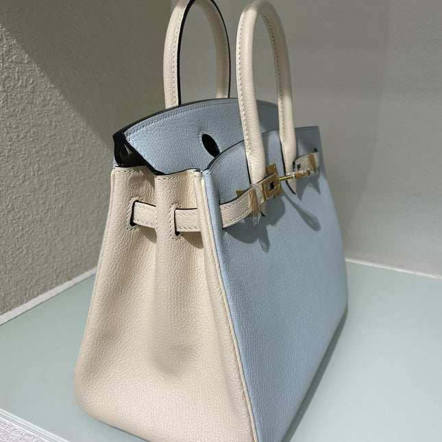 HM 25S BIRKIN 25 CM IN LIGHT BLUE AND CREAM WHITE WITH GOLD HARDWARE