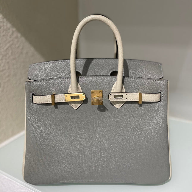 HM 25S BIRKIN 25 CM IN DARK GREY AND CREAM WHITE WITH GOLD HARDWARE