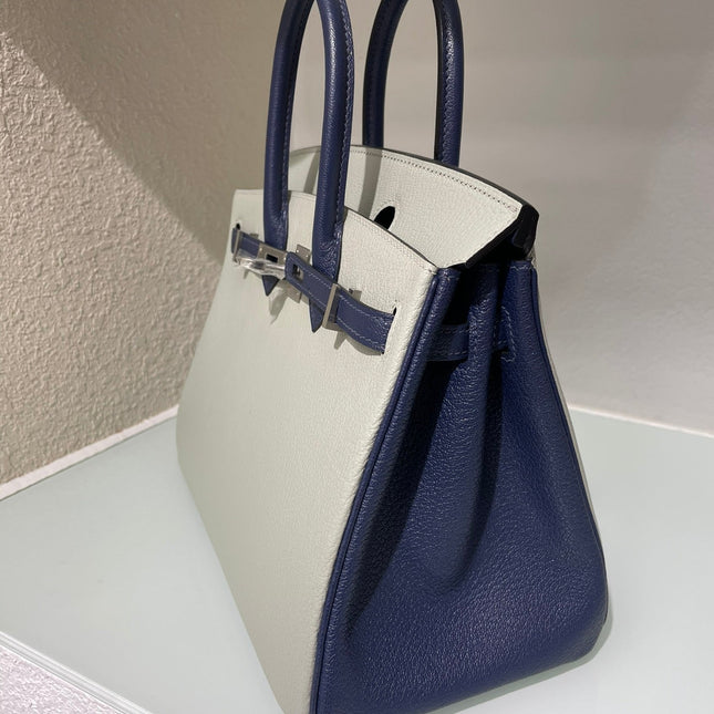 HM 25S BIRKIN 25 CM IN LIGHT GREY AND NAVY BLUE WITH SILVER HARDWARE