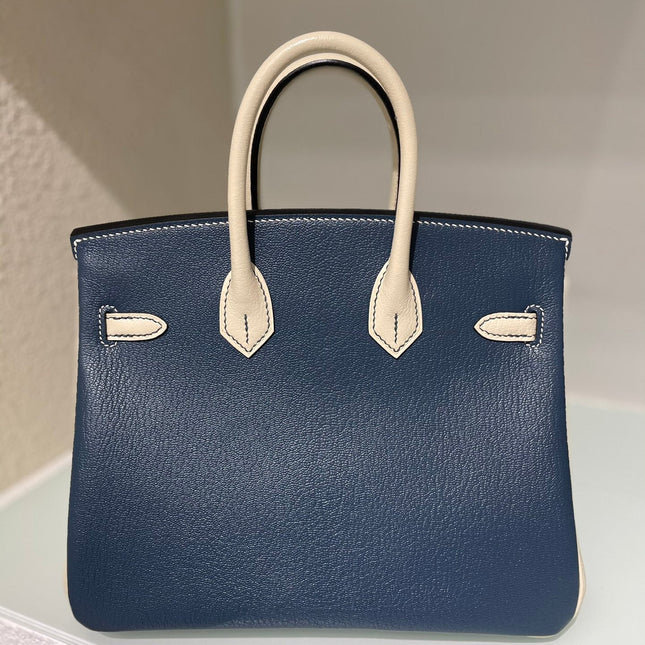 HM 25S BIRKIN 25 CM IN MIDNIGHT BLUE AND CREAM WHITE LAMBSKIN WITH SILVER HARDWARE