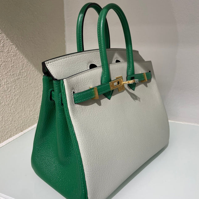 HM 25S BIRKIN 25 CM IN LIGHT GREY AND GREEN LAMBSKIN WITH GOLD HARDWARE