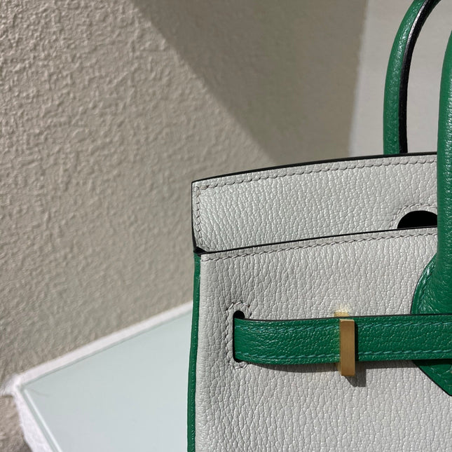 HM 25S BIRKIN 25 CM IN LIGHT GREY AND GREEN LAMBSKIN WITH GOLD HARDWARE