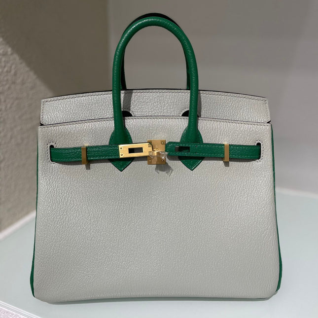 HM 25S BIRKIN 25 CM IN LIGHT GREY AND GREEN LAMBSKIN WITH GOLD HARDWARE