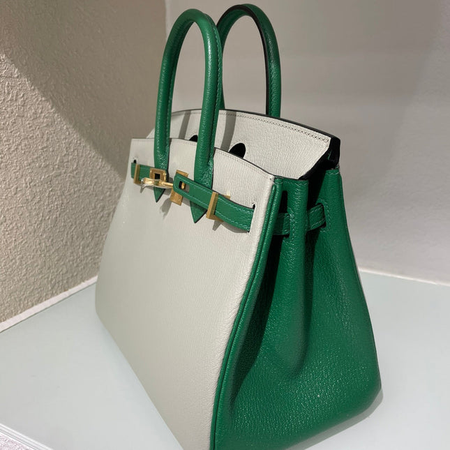 HM 25S BIRKIN 25 CM IN LIGHT GREY AND GREEN LAMBSKIN WITH GOLD HARDWARE