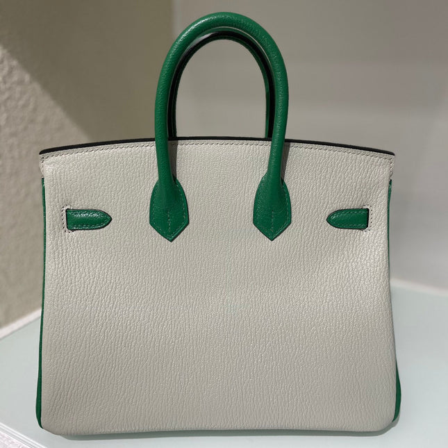 HM 25S BIRKIN 25 CM IN LIGHT GREY AND GREEN LAMBSKIN WITH GOLD HARDWARE