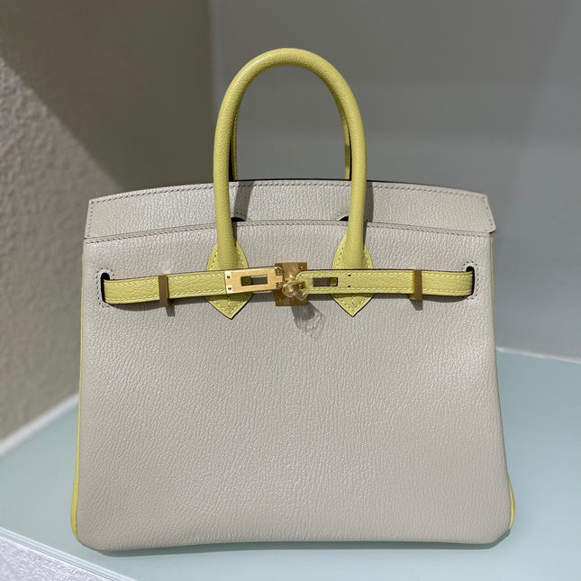 HM 25S BIRKIN 25 CM IN BEIGE GRAY AND YELLOW LAMBSKIN WITH GOLD HARDWARE