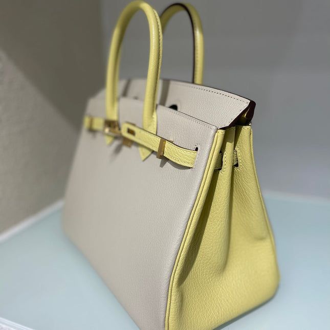 HM 25S BIRKIN 25 CM IN BEIGE GRAY AND YELLOW LAMBSKIN WITH GOLD HARDWARE