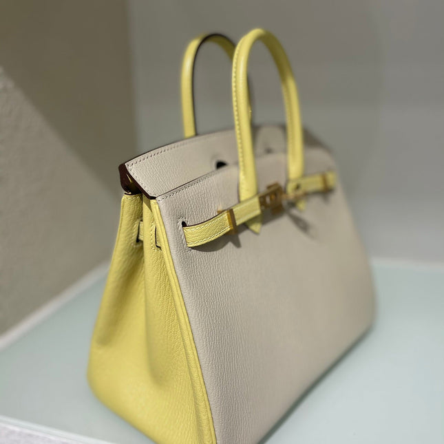 HM 25S BIRKIN 25 CM IN BEIGE GRAY AND YELLOW LAMBSKIN WITH GOLD HARDWARE