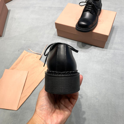 MIUMIU 26S LACE-UP LOAFERS IN BLACK SHINY CALFSKIN