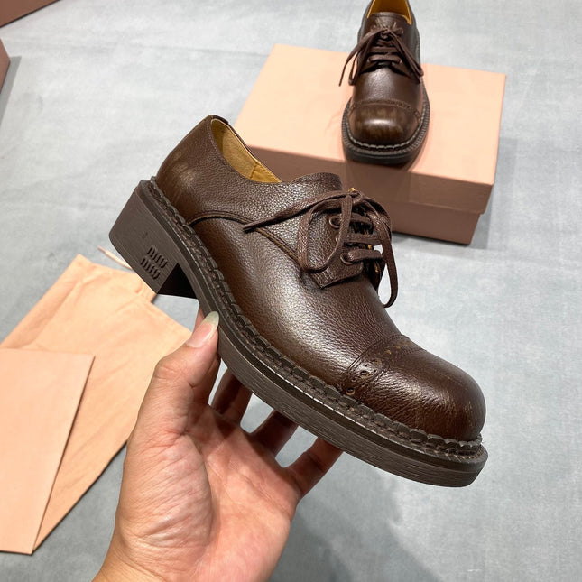 MIUMIU 26S LACE-UP LOAFERS IN CHOCOLATE BROWN GRAINED CALFSKIN