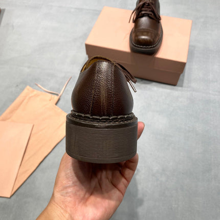 MIUMIU 26S LACE-UP LOAFERS IN CHOCOLATE BROWN GRAINED CALFSKIN