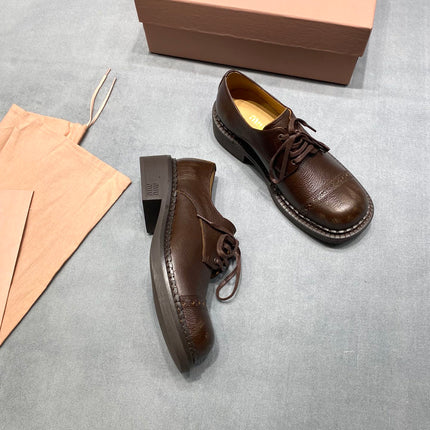 MIUMIU 26S LACE-UP LOAFERS IN CHOCOLATE BROWN GRAINED CALFSKIN